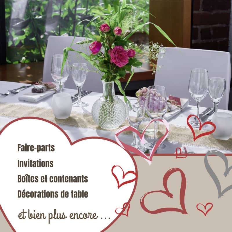 Faire-parts, invitations, décoration de table, boites
